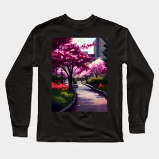 Sakura Serenade Tokyo Cherry Blossoms, Impressionist Landscape, Brick Path Park, Red Flowers, Oil Style Print Long Sleeve T-Shirt